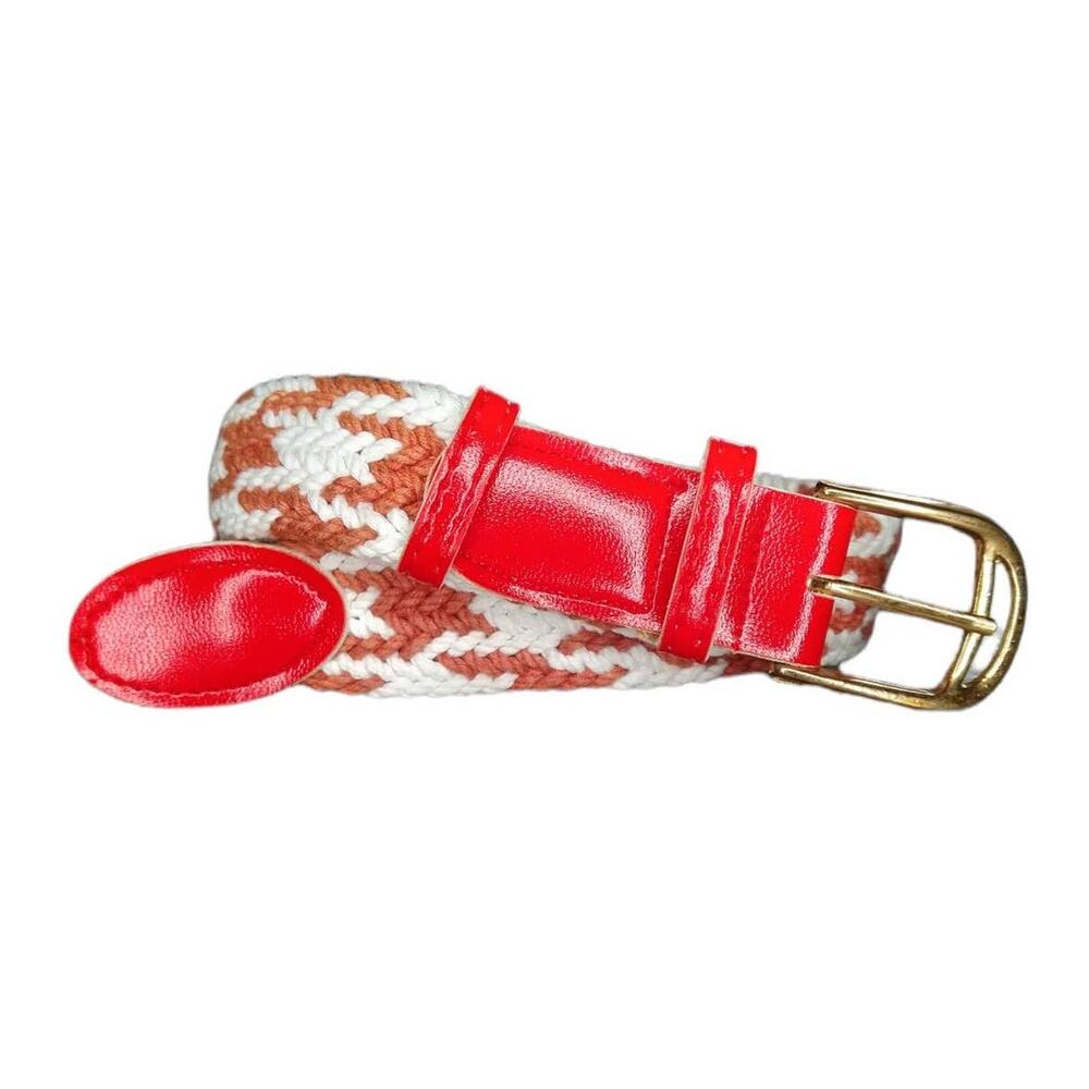 90s Vintage Braided Rope Belt size S/M Orange Red & White Woven Faux Leather